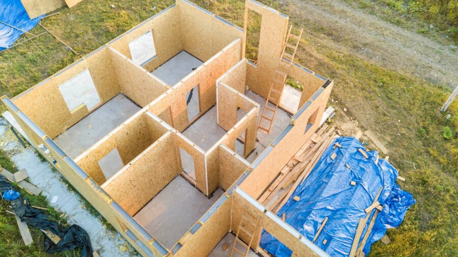 House under construction with OSB being used as sheathing.