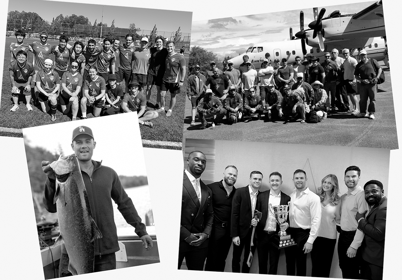 Four black & white images of the Olympic Industries team at events
