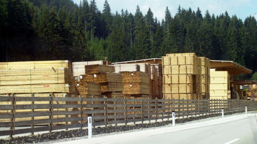 Photo of a lumber yard with stacks of 2x4s