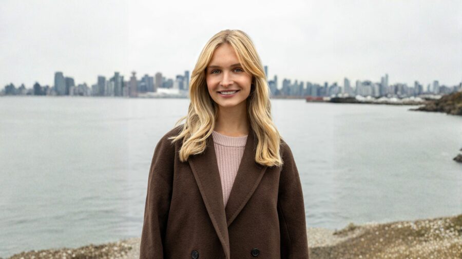 Woman standing outdoors infront of the ocean and city smiling to camera